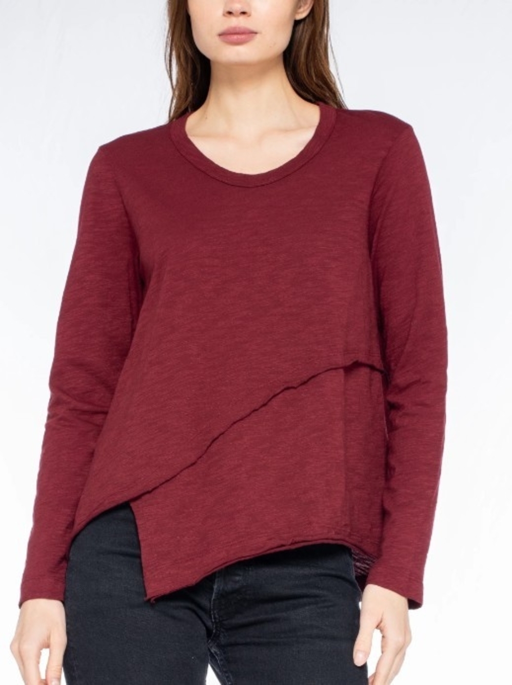 Emma & Olivia Long-Sleeve Asymmetric Layered Top - Burgundy Size L